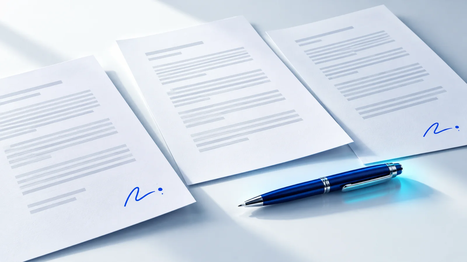 Several document pages with small blue marks near their lower corners and a pen beside them