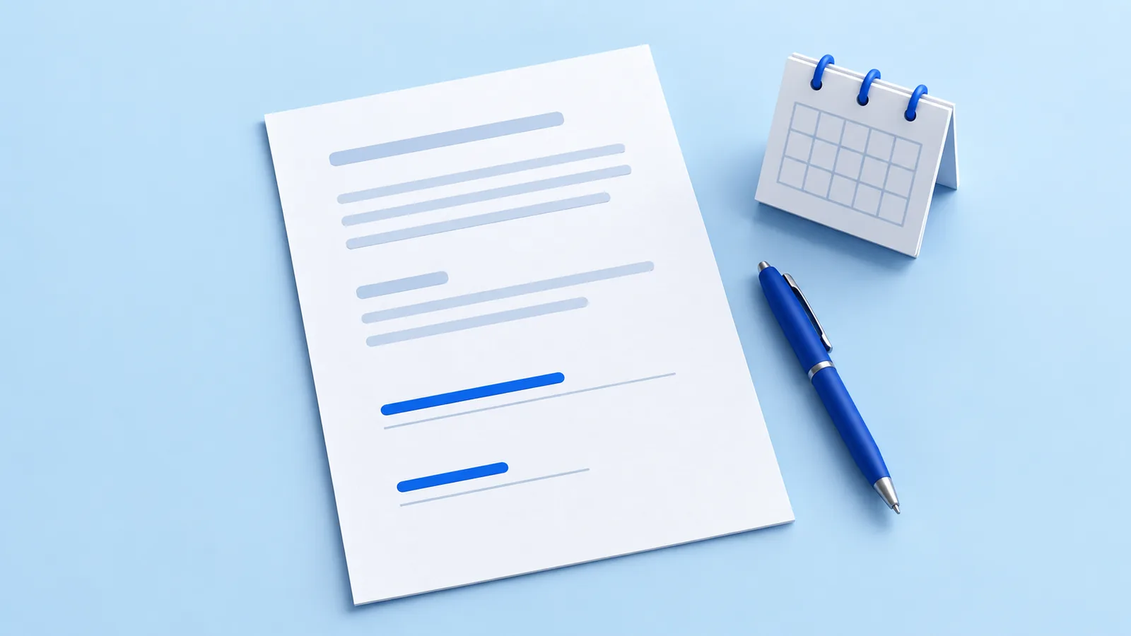 A blue pen beside a white document with two separate blue text-entry blocks and a small calendar