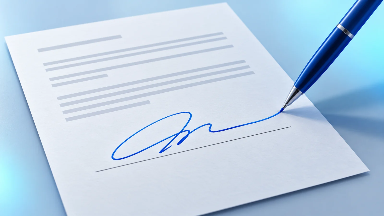 Blue pen drawing an electronic signature on a PDF page
