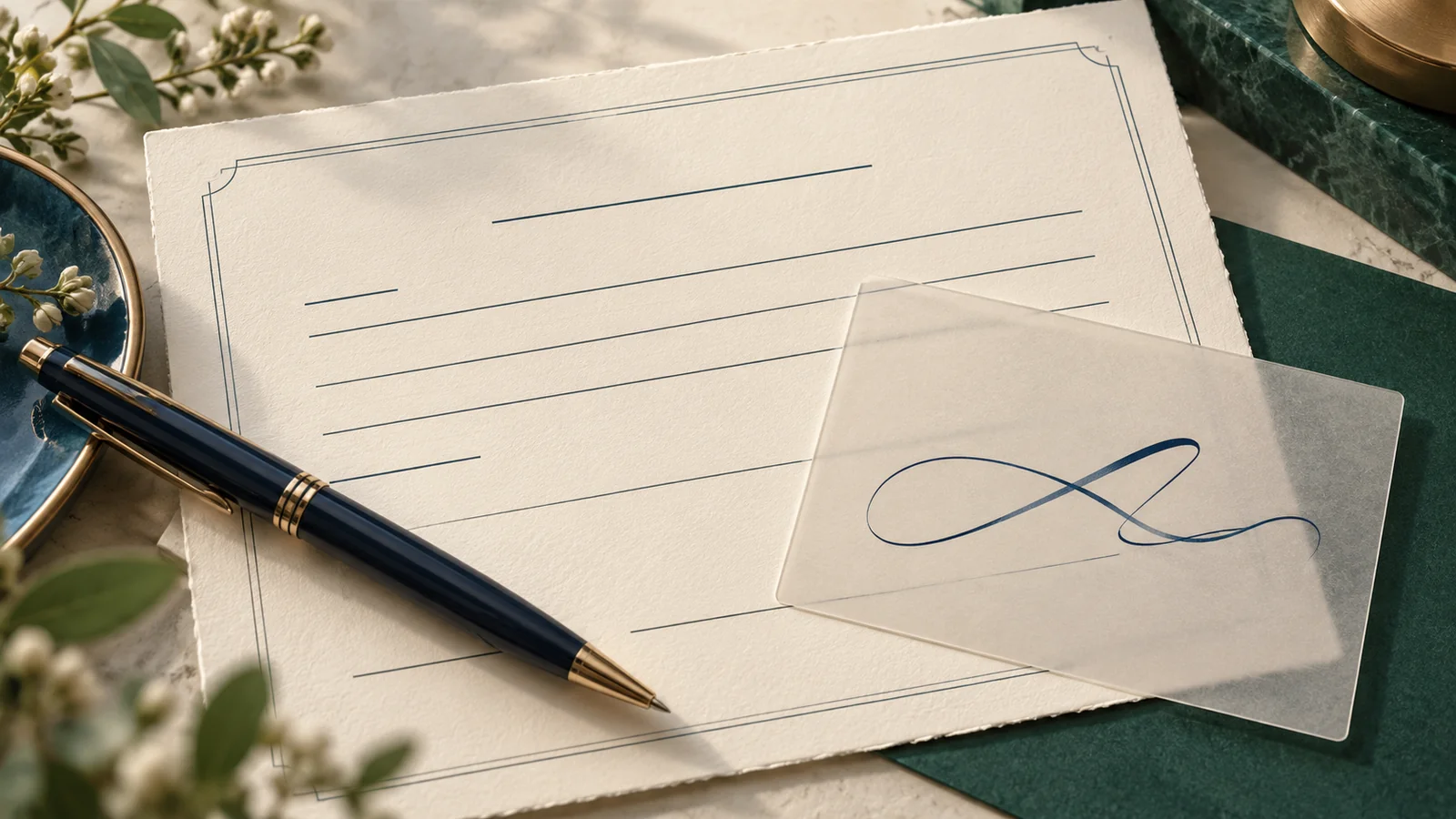 A scanned paper form with blank lines beside a pen and a transparent signature card