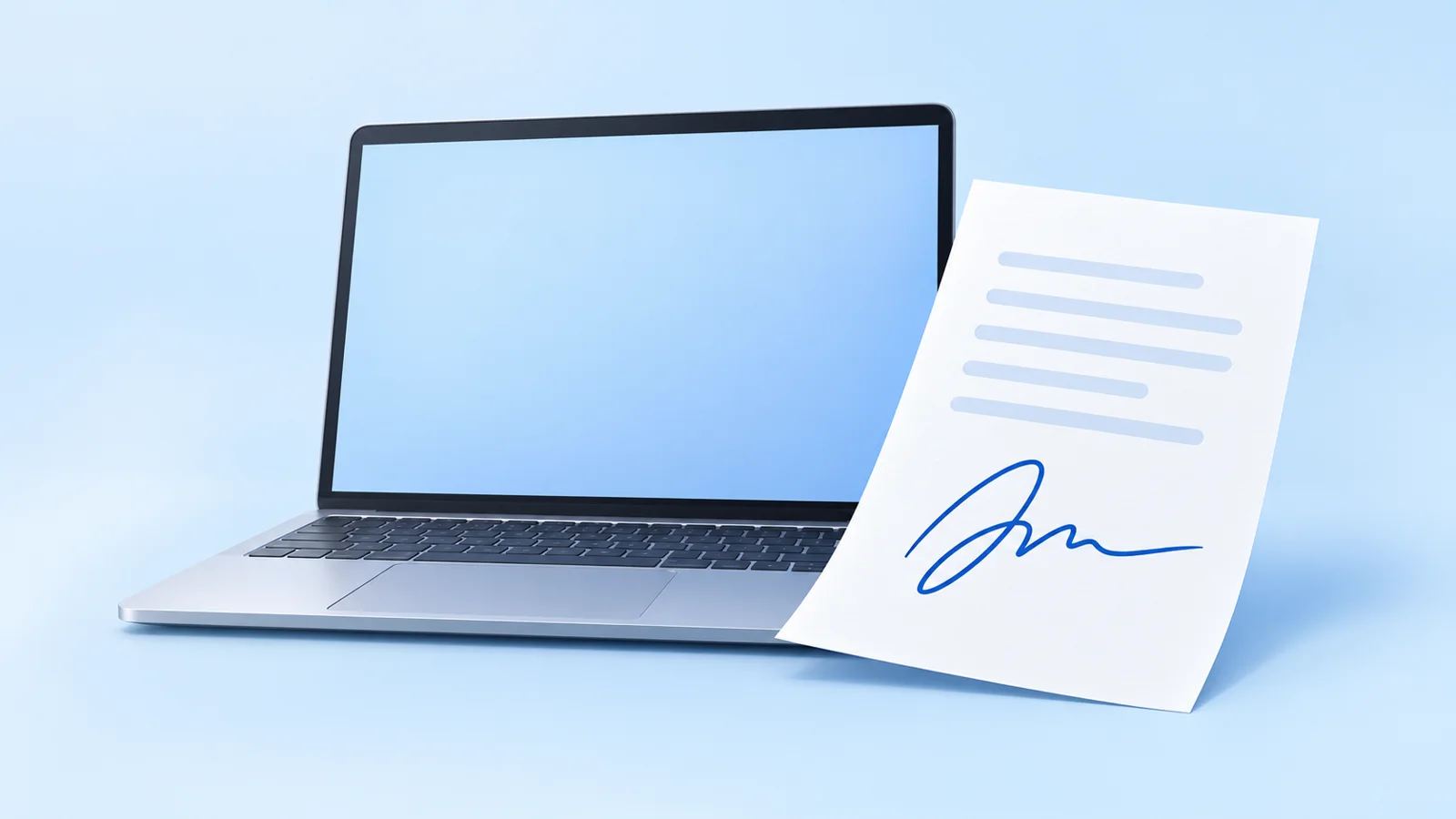 A laptop beside a PDF sheet with a blue handwritten signature