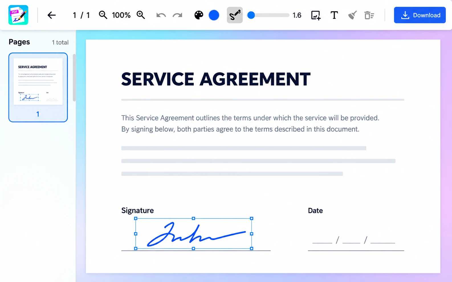 Sign PDF editor showing a fictional service agreement with an electronic signature selected